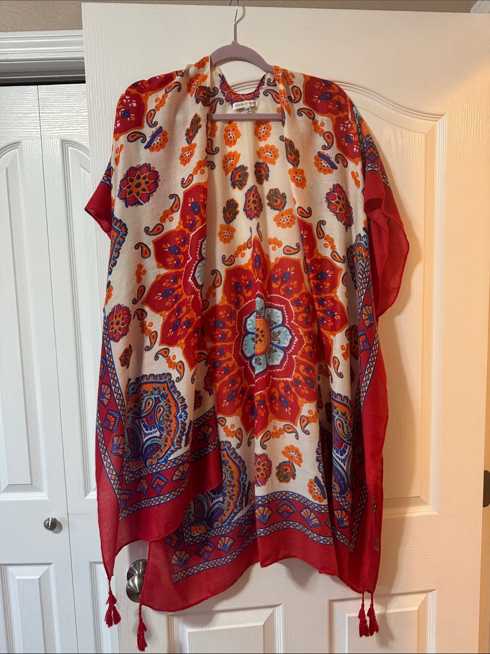 Woven Heart Red and Cream Boho Floral Kimono Tunic